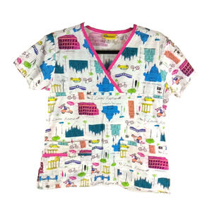 Wonder Wink Womens Small White I Love Rome Scrub Top Historic Sites